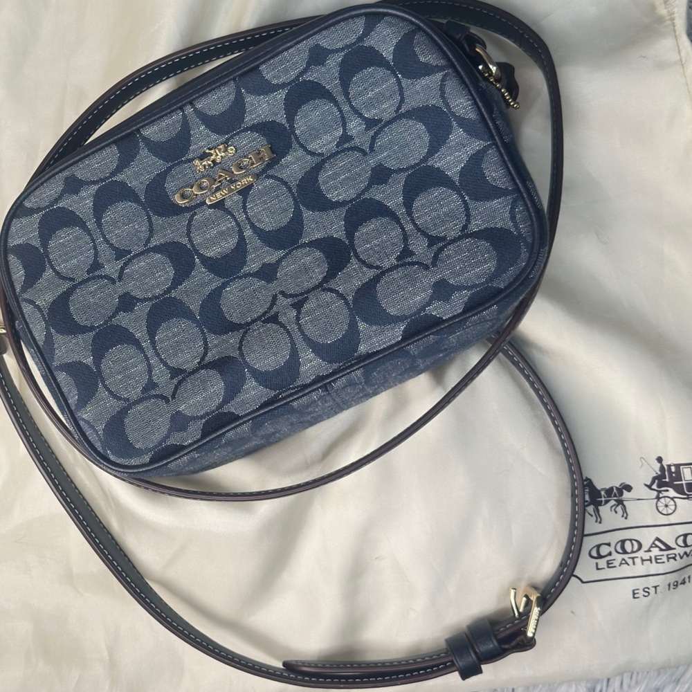 Coach Mini Jamie Blue Denim Sig Chambray/Leather Crossbody/Camera Bag. Like new.